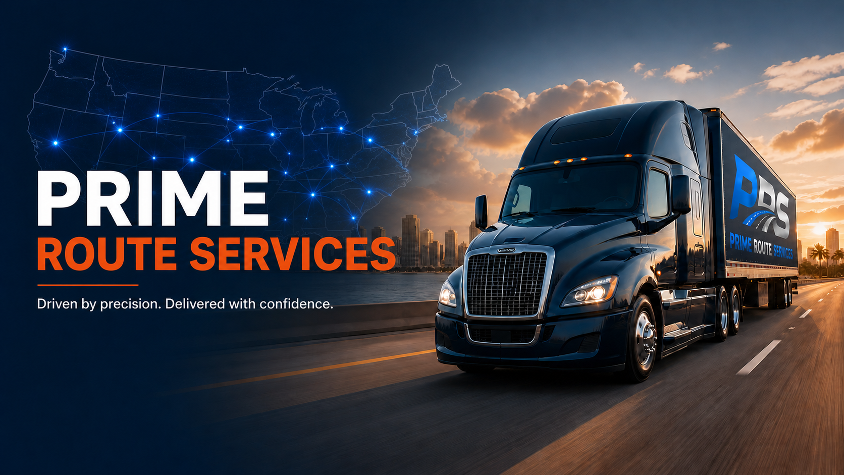 Prime Route Services truck with the PRS logo and a luminous United States route map
